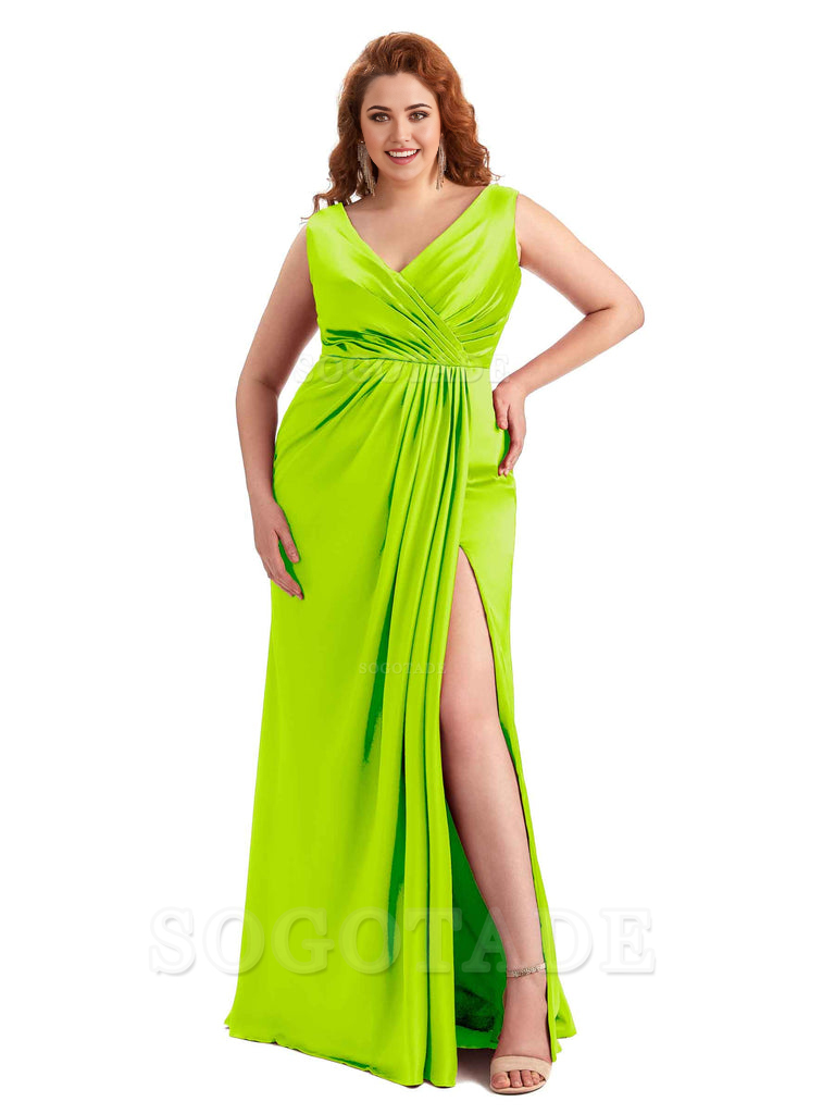 Mermaid V-Neck Satin formal dresses evening gown Bridesmaid Dresses With Side Slit 