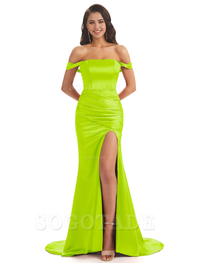 Mermaid Off Shoulder Floor-Length Satin formal dresses evening gown Bridesmaid Dresses With Side Slit 