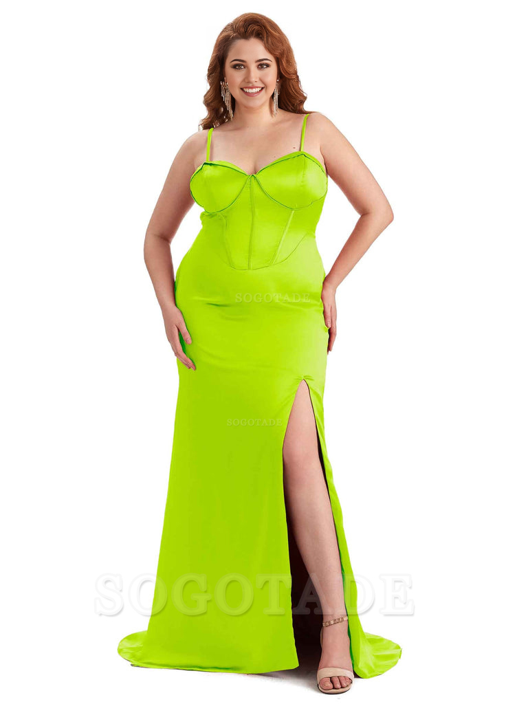 Sexy Spaghetti Straps Side Slit Sleeveless Mermaid Soft Satin Long Bridesmaid Dress Plus Size Dress To Wear to a Wedding
