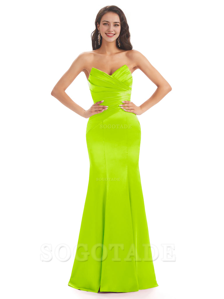 Simple Strapless Sweetheart Soft Satin Mermaid Long Bridesmaid Dresses prom shop dresses