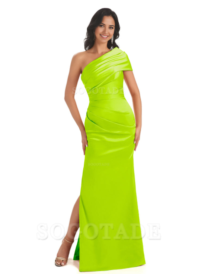 Mermaid One Shoulder Satin Long formal dresses evening gown Bridesmaid Dresses With Side Slit 
