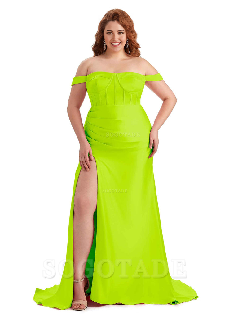 Elegant Off The Shoulder Side Slit Mermaid Soft Satin Floor Length Long Plus Size Bridesmaid Gowns