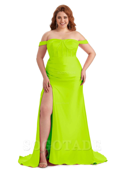 Elegant Off The Shoulder Side Slit Mermaid Soft Satin Floor Length Long Plus Size Bridesmaid Gowns