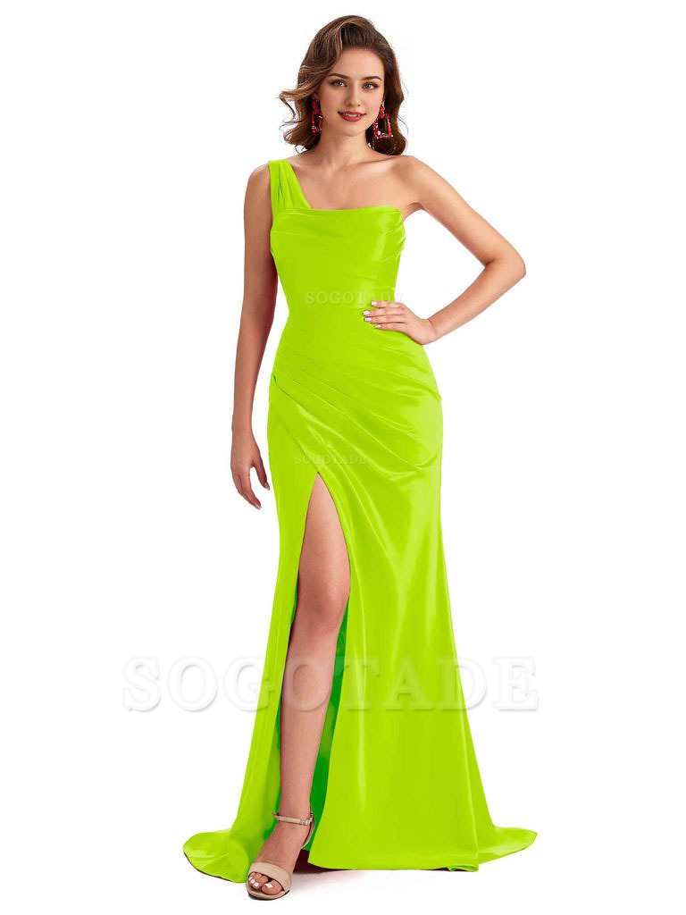 Sexy One Shoulder Side Slit Silky Satin Chic Long Mermaid Trumpet Bridesmaid Dress