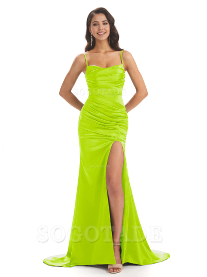 Mermaid Spaghetti Straps Satin Side Slit formal dresses evening gown Bridesmaid Dresses