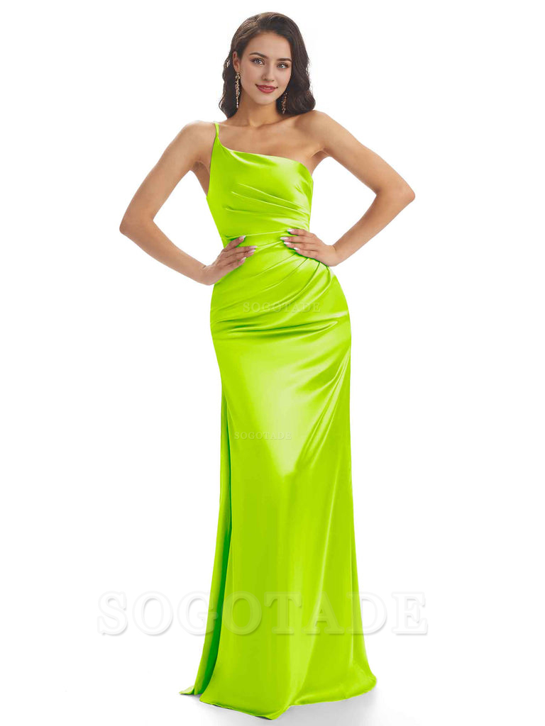 Sexy Soft Satin One Shoulder Side Slit Mermaid Long Bridesmaid Dresses prom dress shop ﻿
