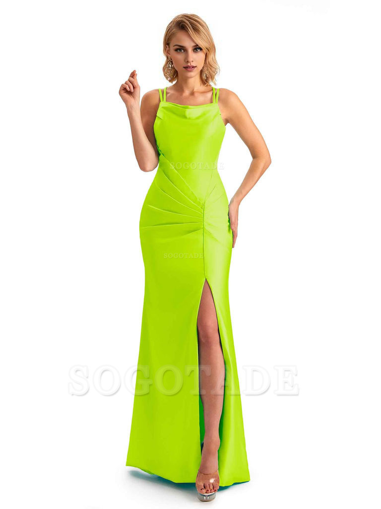 Soft Satin Spaghetti Straps Side Slit Long Unique Mermaid Beautiful Dresses For Wedding