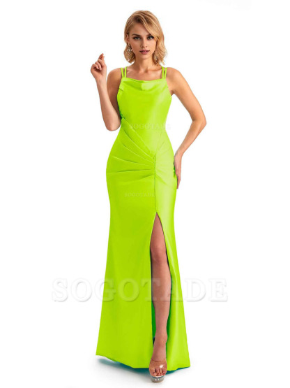 Soft Satin Spaghetti Straps Side Slit Long Unique Mermaid Beautiful Dresses For Wedding