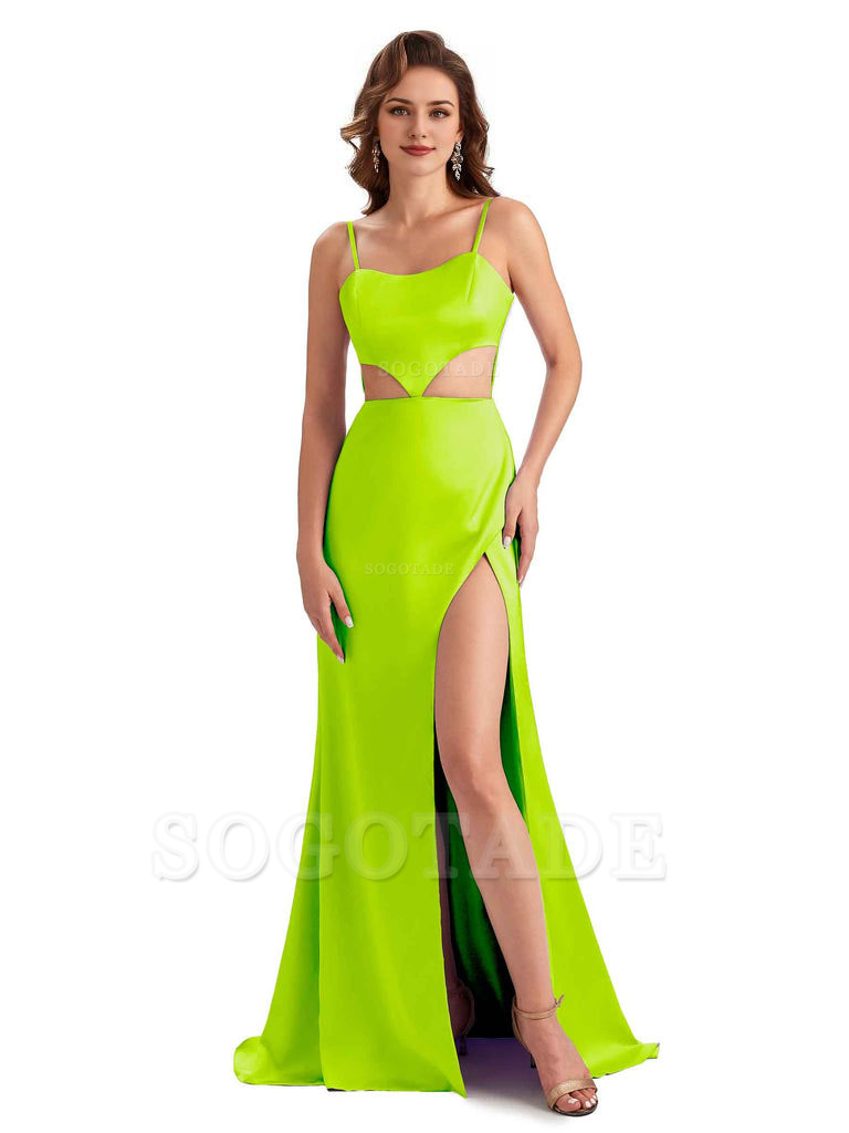 Sexy Satin Side Slit Spaghetti Straps Mermaid Long Unique Curve Wedding Guest Dresses
