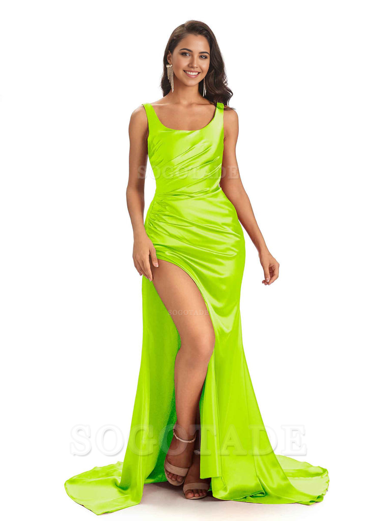 Mermaid Scoop Floor-Length Satin formal dresses evening gown Bridesmaid Dresses 