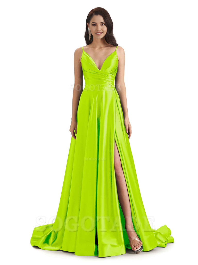 Spaghetti Straps Satin formal dresses evening gown Bridesmaid Dresses With Side Slit 