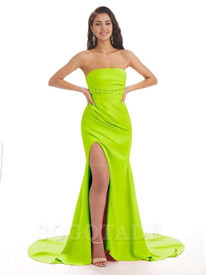 Mermaid Strapless Floor-Length Satin formal dresses evening gown Bridesmaid Dresses With Side Slit 