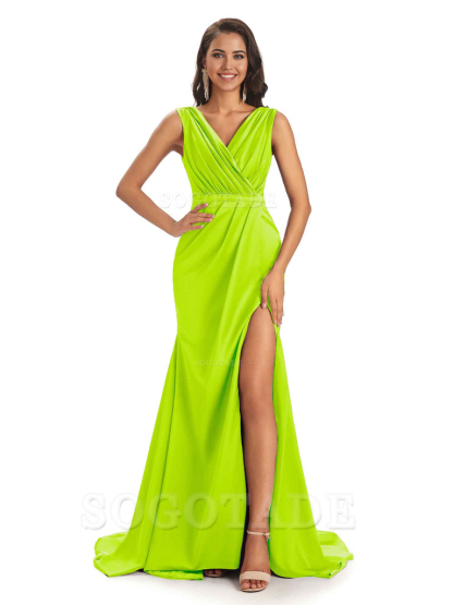 A-line V-neck Floor-Length Satin formal dresses evening gown Bridesmaid Dresses With Side Slit 
