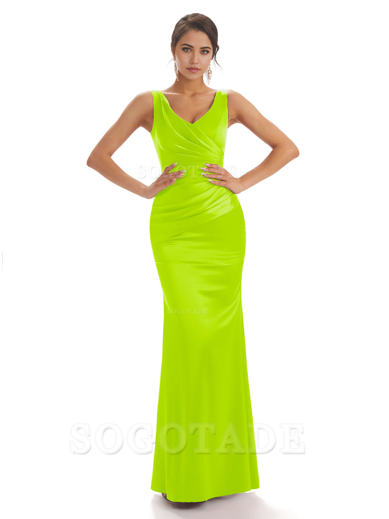 Sheath Sleeveless V-neck Floor-Length Satin formal dresses evening gown Bridesmaid Dresses With Pleats 