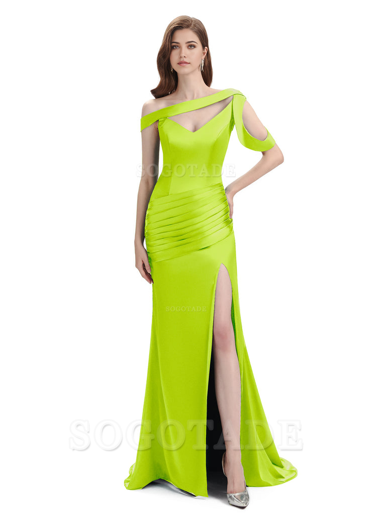 Mermaid V-Neck Satin Floor-Length formal dresses evening gown Bridesmaid Dresses With Side Slit 