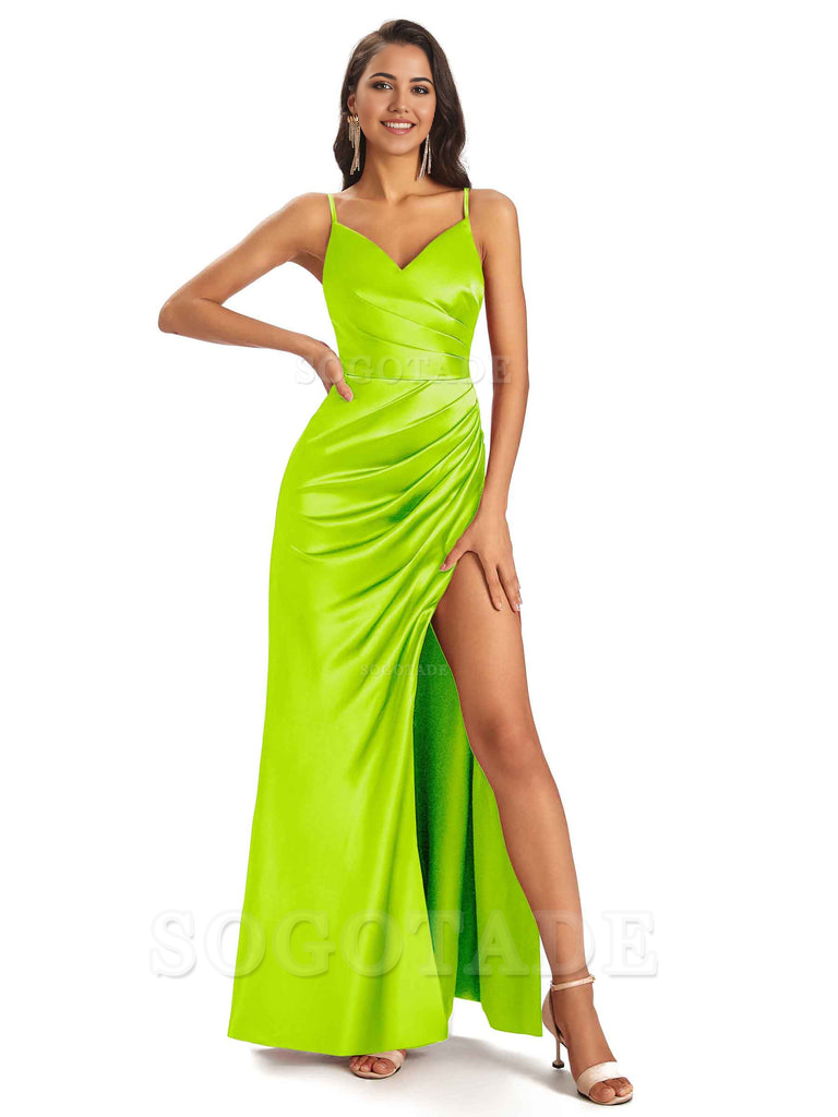 Sheath V-Neck Spaghetti Straps formal dresses evening gown Bridesmaid Dresses With Side Slit 