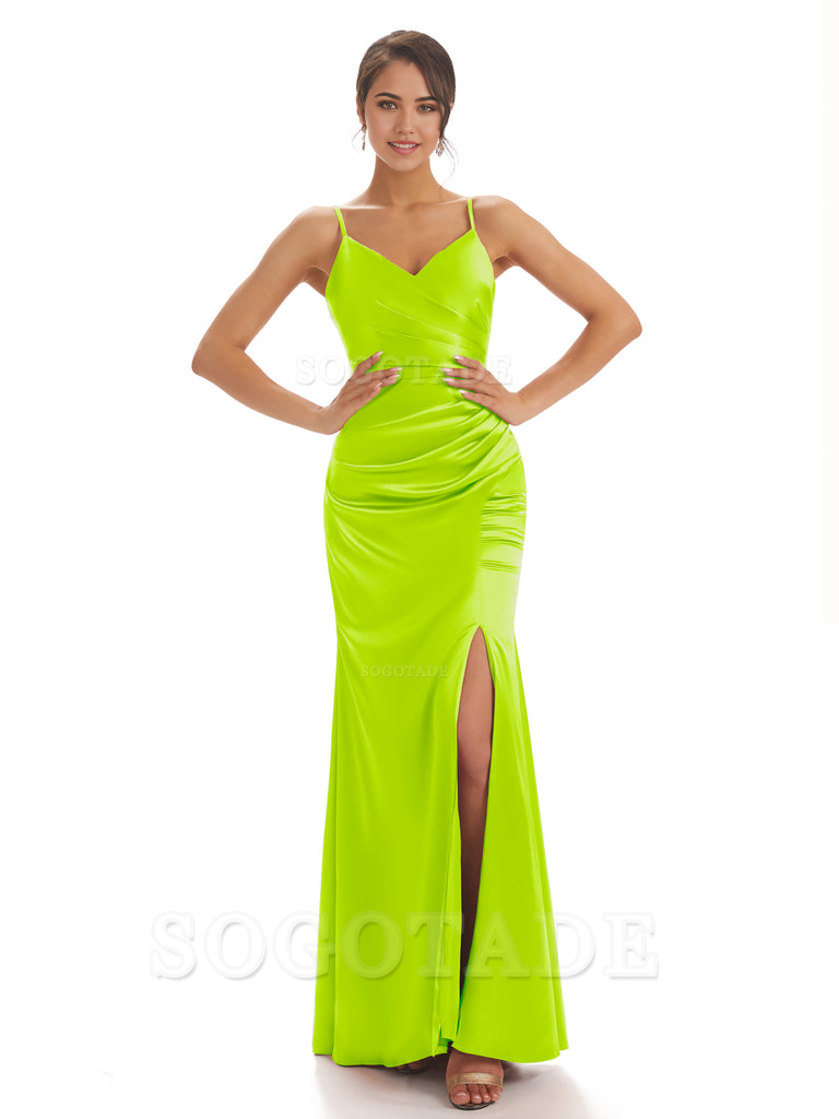 Spaghetti Straps Pleats Satin formal dresses evening gown Bridesmaid Dresses With Side Slit 