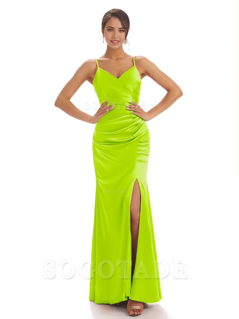 Spaghetti Straps Pleats Satin formal dresses evening gown Bridesmaid Dresses With Side Slit 