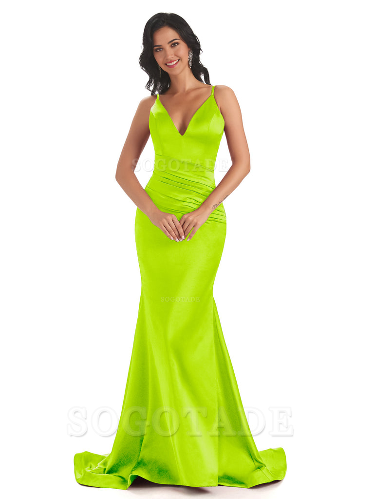 Mermaid Spaghetti V-Neck Straps Satin Long formal dresses evening gown Bridesmaid Dresses With Side Slit 