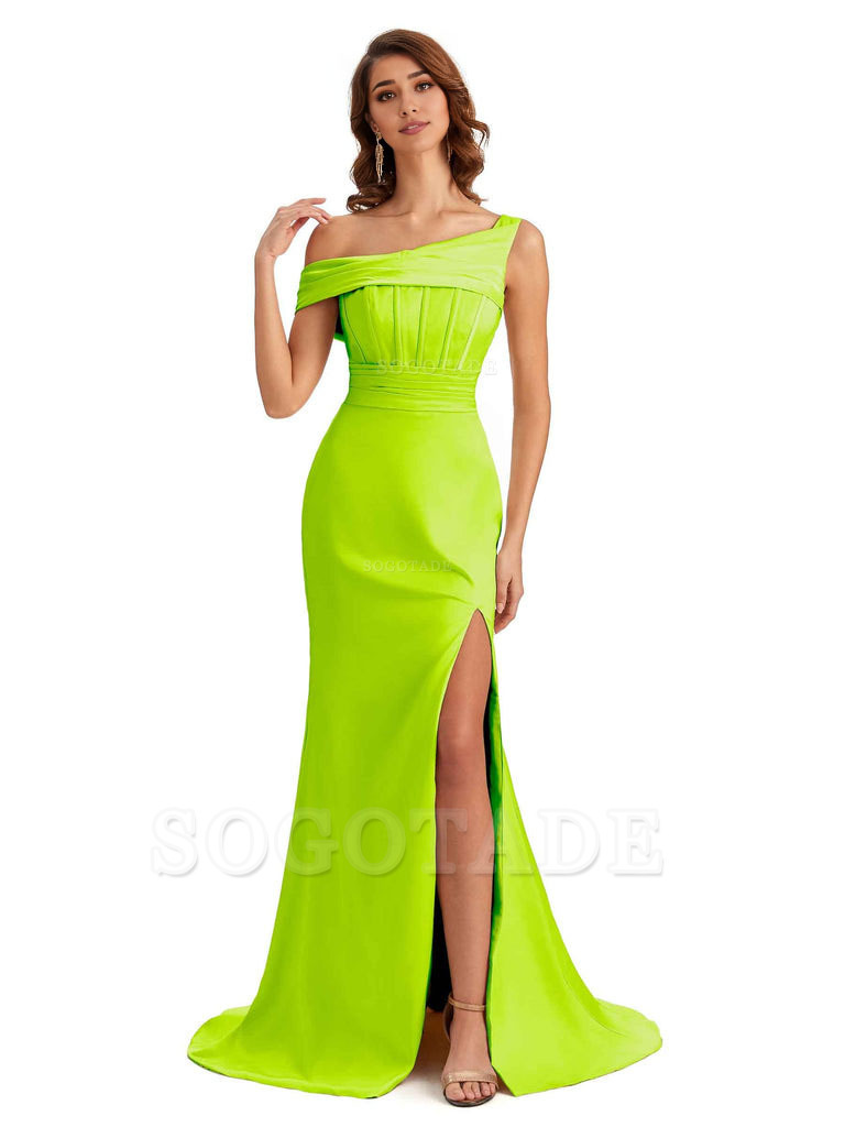 Elegant Asymmetrical Neck Soft Satin Side Slit Long Mermaid Bridesmaid Dresses