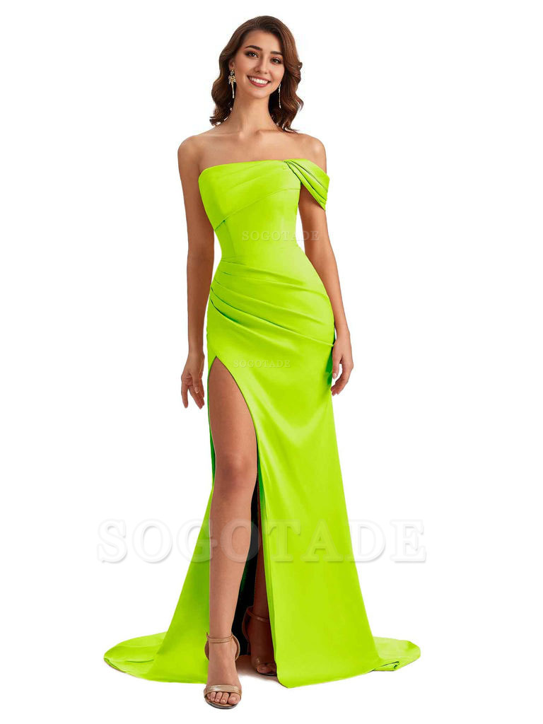 Unique One Shoulder Side Slit Satin Long Formal Dresses For Bridesmaid Dresses