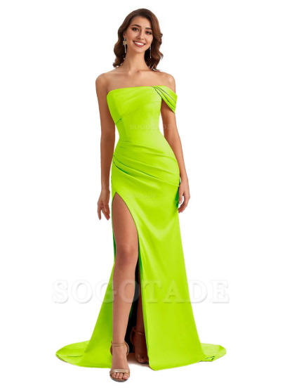 Unique One Shoulder Side Slit Satin Long Formal Dresses For Bridesmaid Dresses