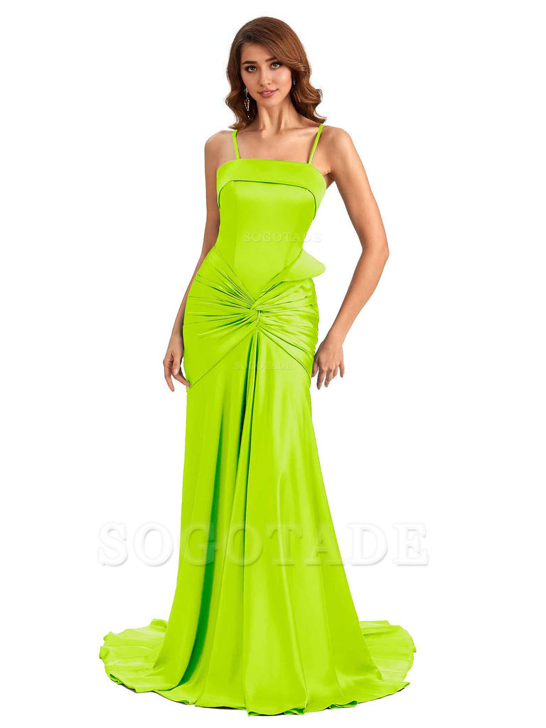Sexy Mermaid Spaghetti Straps Silky Satin Unique Long Bridesmaid Dress For Wedding