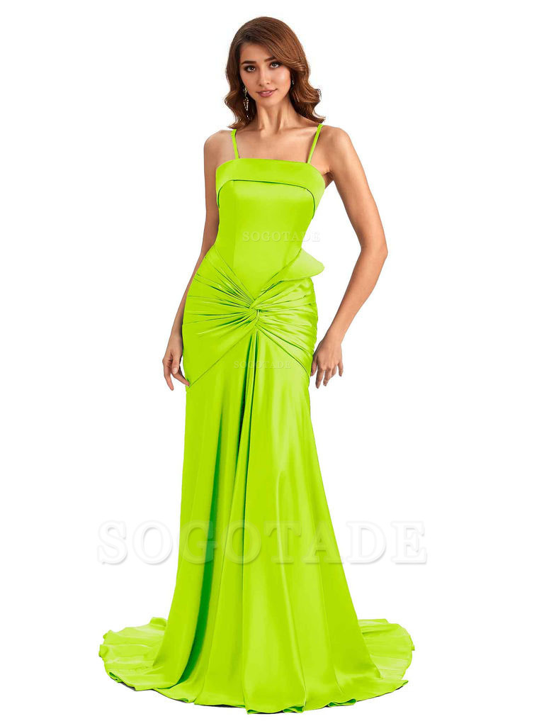 Sexy Mermaid Spaghetti Straps Silky Satin Unique Long Bridesmaid Dress For Wedding