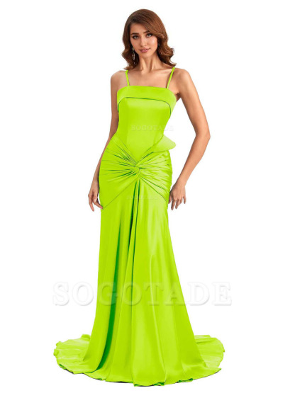 Sexy Mermaid Spaghetti Straps Silky Satin Unique Long Bridesmaid Dress For Wedding
