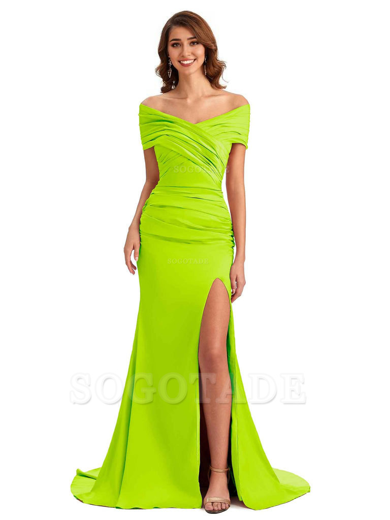 Sexy Off The Shoulder Side Slit Mermaid Satin Unique Long Formal Wedding Guest Dresses
