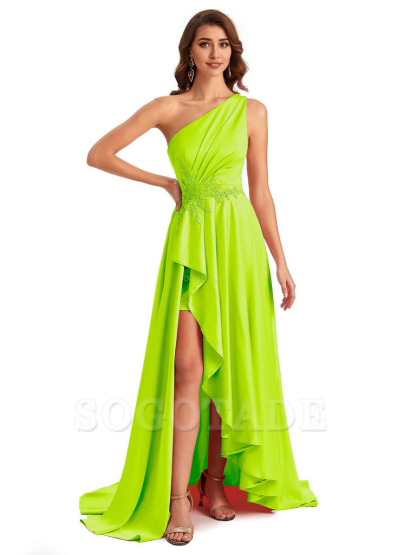 Sexy One Shoulder A-Line High Low Silky Satin Lace Long Formal Wedding Guest Dresses