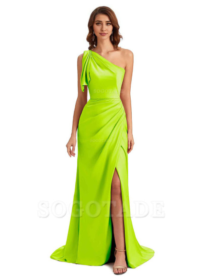 Sexy One Shoulder Mermaid Side Slit Unique Silky Satin Bridesmaid Dresses 