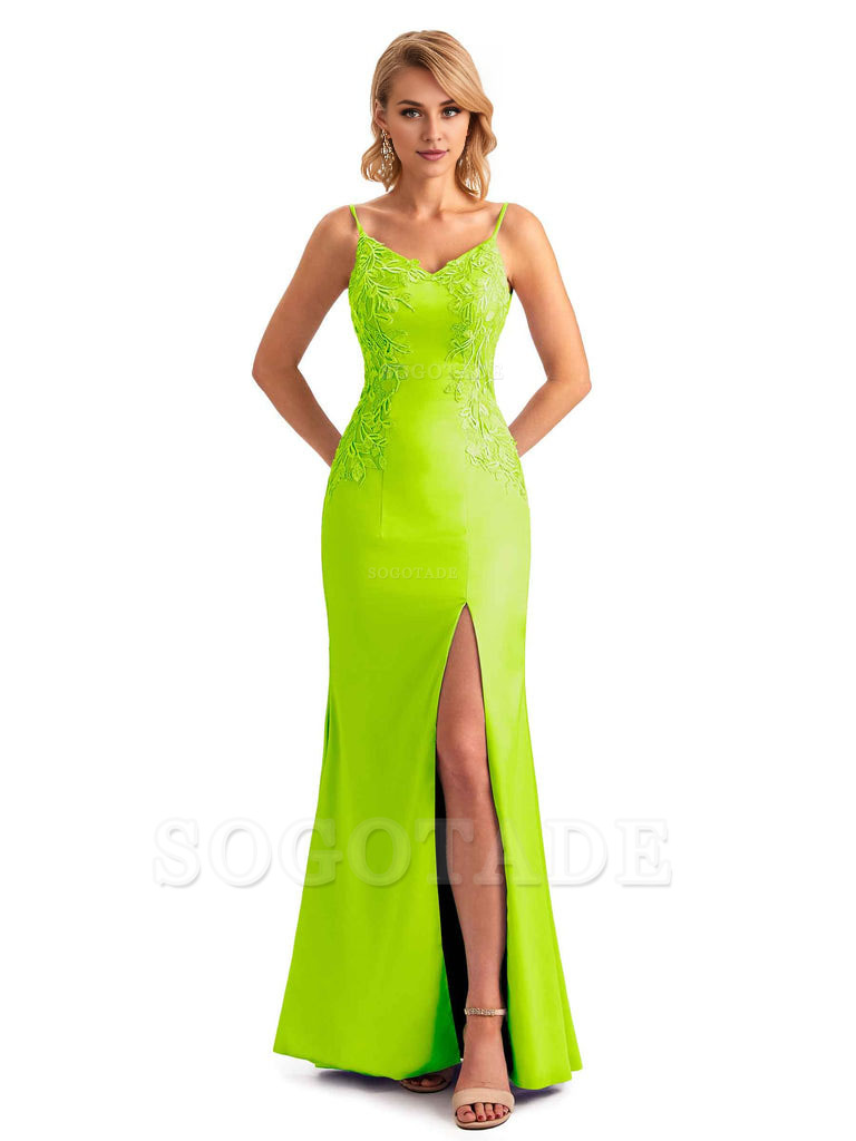 Sexy Side Split Mermaid Spaghetti Straps Soft Satin Unique Lace Long Bridesmaid Dresses