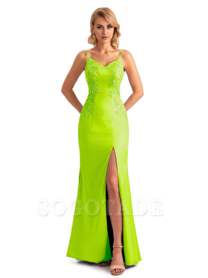 Sexy Side Split Mermaid Spaghetti Straps Soft Satin Unique Lace Long Bridesmaid Dresses