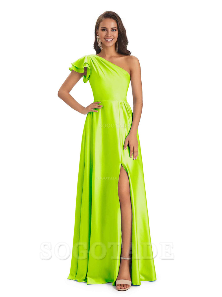 A-Line One Shoulder Ladies Long Bridesmaid Dresses Soft Satin Side Slit Elegant Evening Party Dress