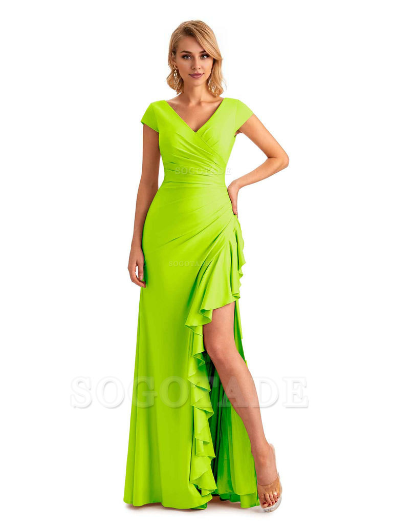 Sexy Side Slit Short Sleeves Mermaid Soft Satin Unique Long Maid Of Honor Dresses