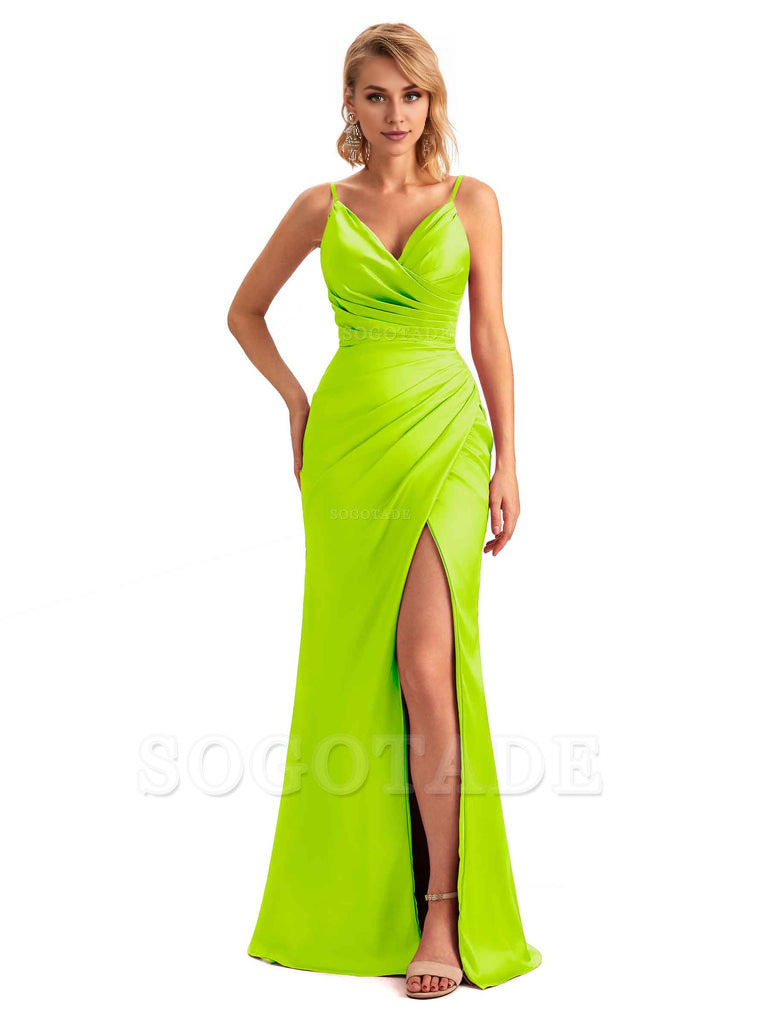 Sexy Side Slit V-Neck Mermaid Silky Satin Unique Long Formal Ladies Bridesmaid Dresses