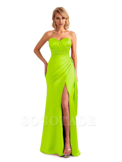 Sexy Side Slit Strapless Mermaid Soft Satin Unique Long Bridesmaid Dress For Wedding
