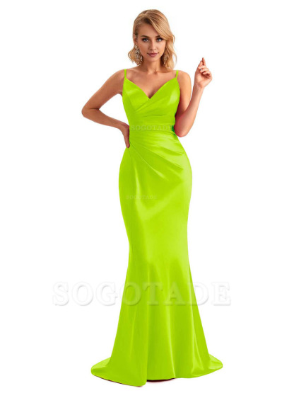  Sexy Backless Mermaid Spaghetti Straps Unique Long Formal Satin Dress For Women