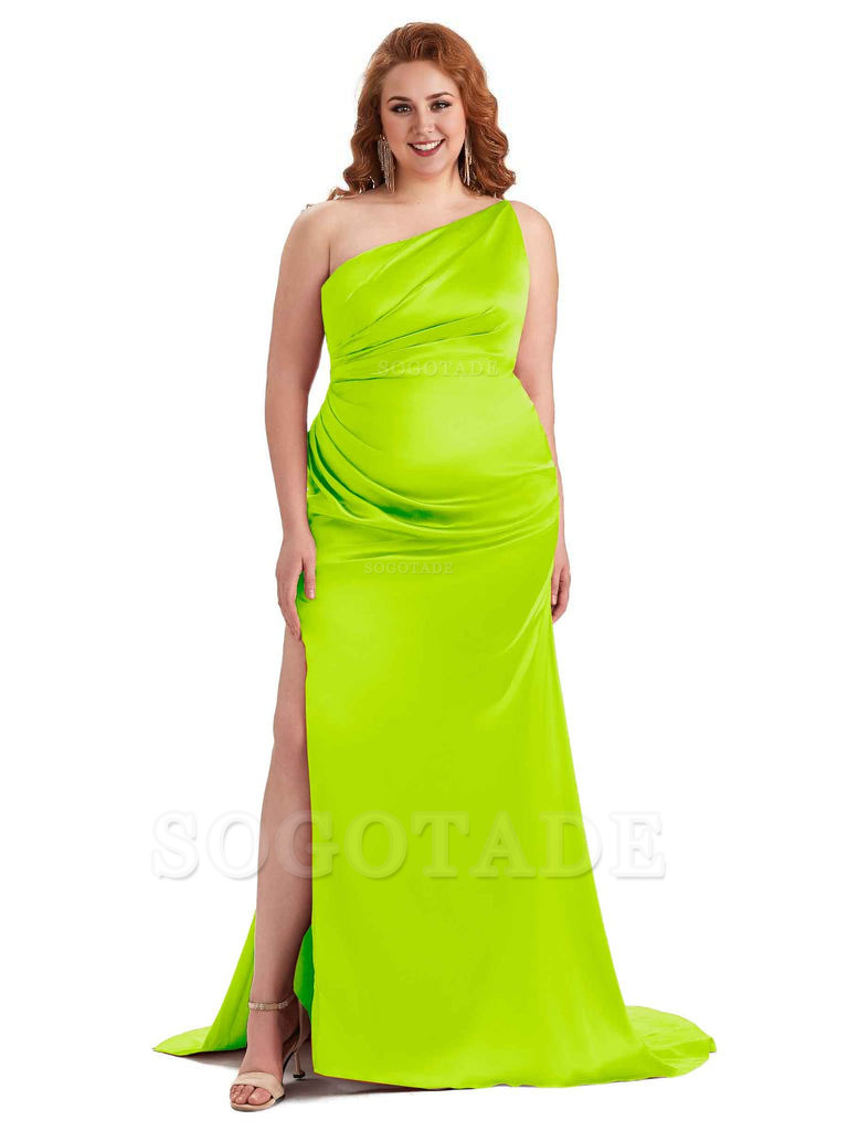 Sexy One Shoulder Side Slit Mermaid Soft Satin Long Plus Size Bridesmaid Dress For Wedding