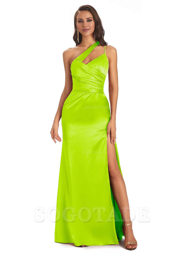 Elegant Soft Satin Side Slit One Shoulder Floor-Length Maxi Bridesmaid Dresses Evening Party Dress