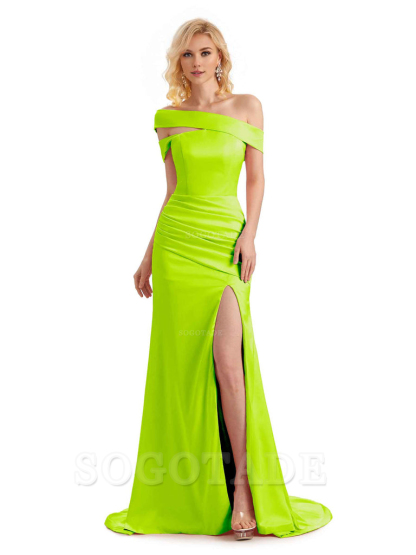 Elegant Asymmetrical Unique Soft Satin Side Slit Long Mermaid Bridesmaid Dresses Charming Evening Party Dress