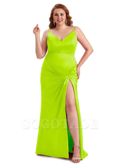 Sexy Spaghetti Straps V-neck Side Slit Mermaid Soft Satin Long Plus Size Bridesmaid Dress