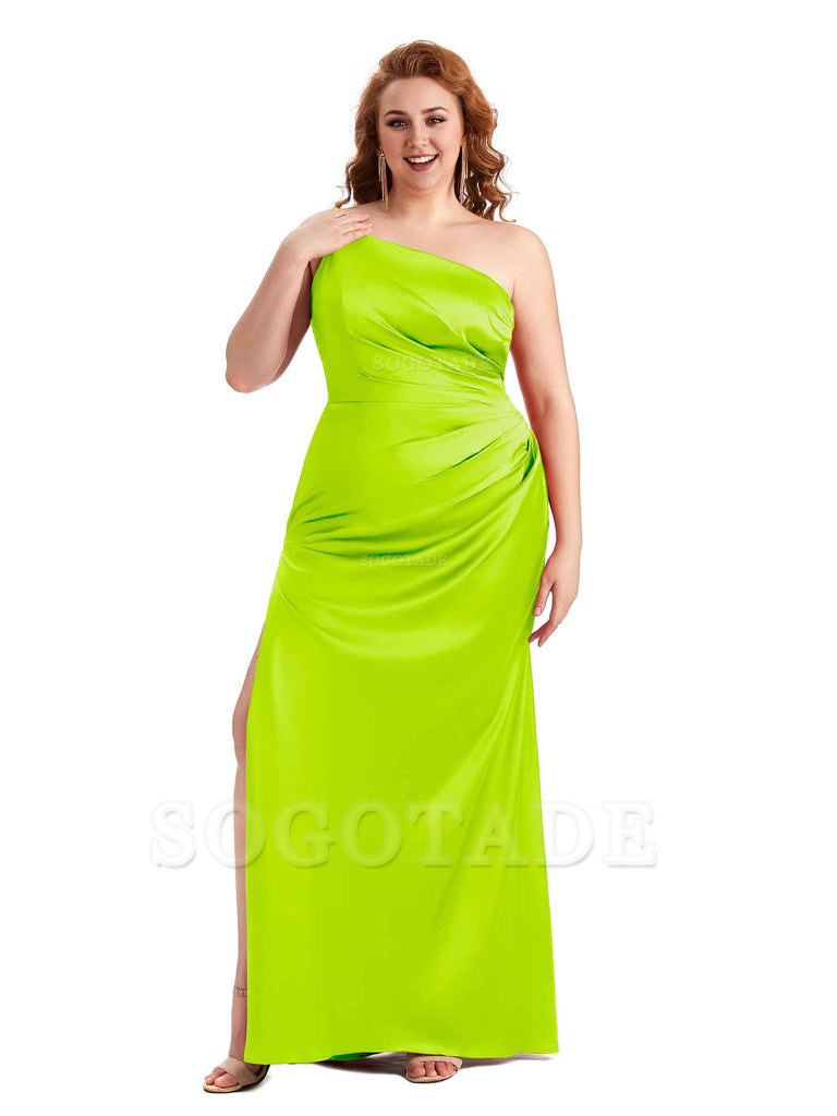 Sexy Side Slit One Shoulder Mermaid Soft Satin Long Plus Size Maid of Honour Dresses