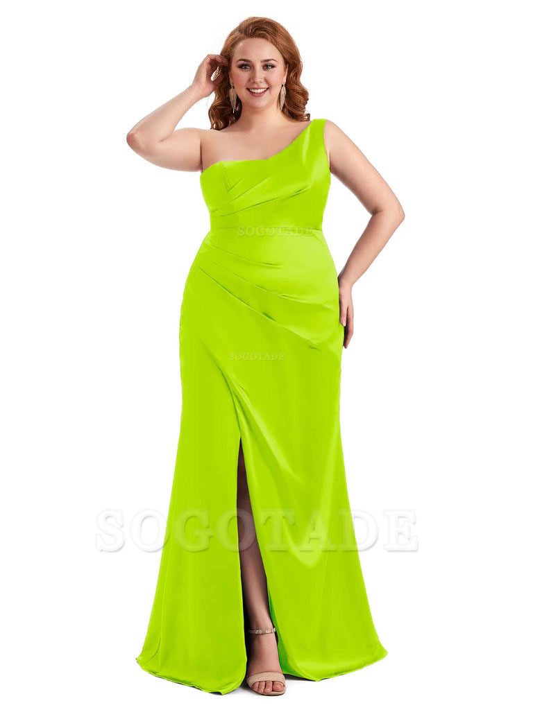 Sexy Side Slit One Shoulder Mermaid Long Plus Size Satin Maxi Dresses
