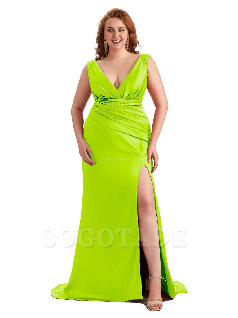 Elegant V-neck Side Slit Mermaid Soft Satin Long Plus Size Bridesmaid Dress For Wedding