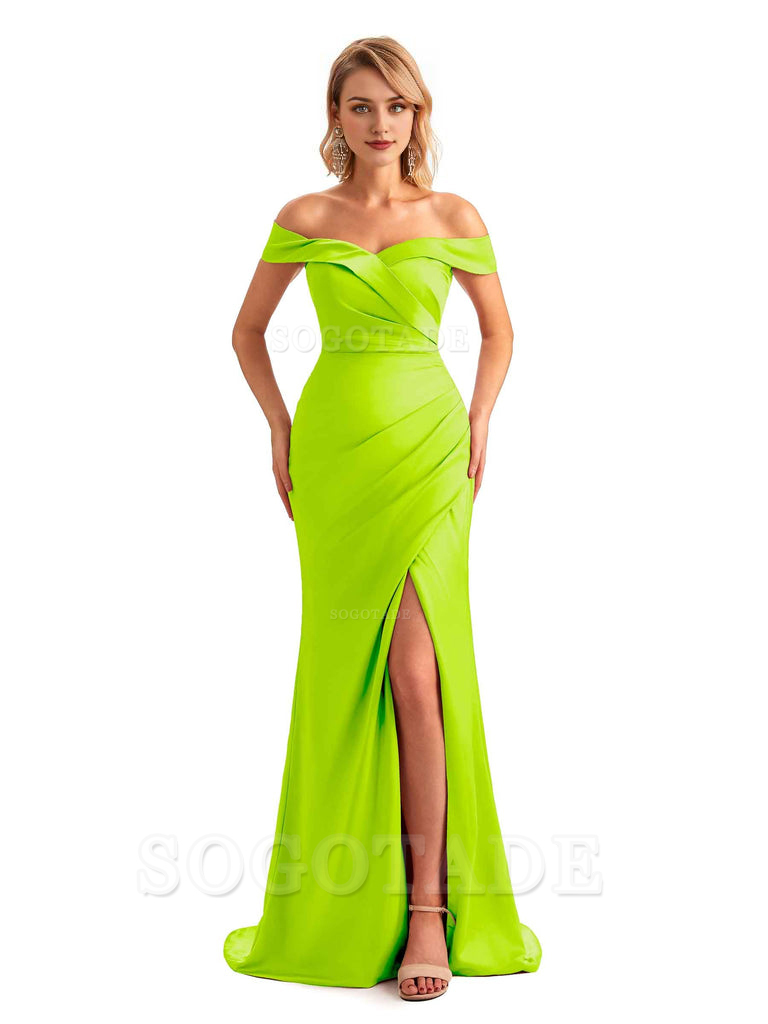 Off Shoulder Side Slit Mermaid Silky Satin Unique Long Formal Wedding Guest Dresses Online