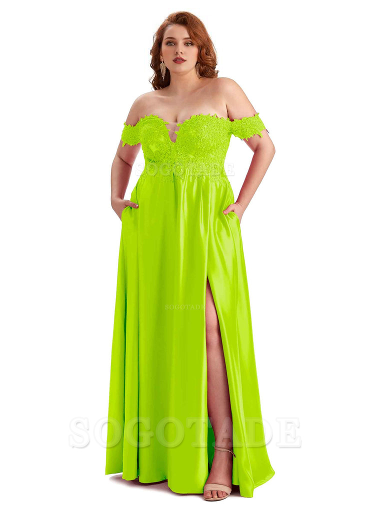 Off Shoulder Side Slit Lace Soft Satin Long Plus Size Bridesmaid Dresses For Wedding