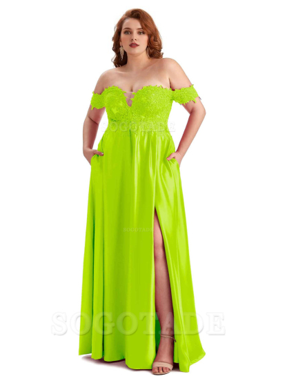 Off Shoulder Side Slit Lace Soft Satin Long Plus Size Bridesmaid Dresses For Wedding