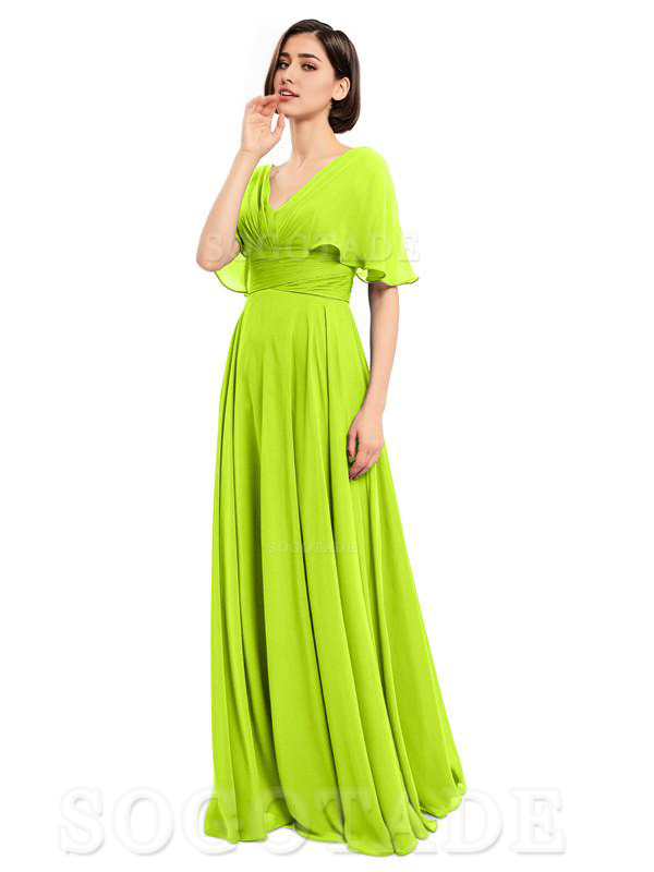  V-Neck Cap Sleeves Sleeves Chiffon Long Elegant Bridesmaid Dresses Formal Wear Dresses